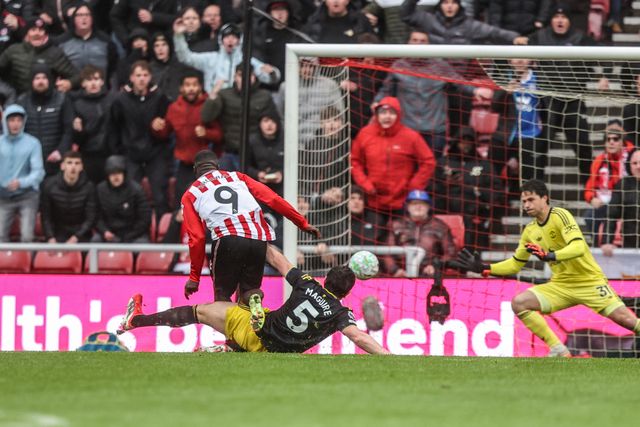 Brian Brobbey of Sunderland takes a shot on goal during the Premier League match Sunderland vs Manchester United at Stadium Of Light, Sunderland, United Kingdom on 09 May 2026

(Photo by Alfie Cosgrove/News Images)