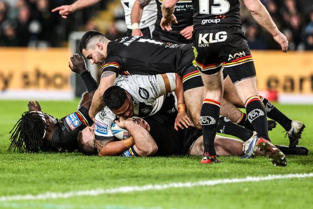 Herman Ese'ese of Hull FC is tackled during the Betfred Super League round 1 match Hull FC vs Bradford Bulls at MKM Stadium, Hull, United Kingdom on 14 February 2026

(Photo by Alfie Cosgrove/News Images)