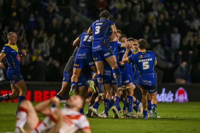 George Williams of Warrington Wolves celebrates his drop a goal in golden point extra time to win the  Betfred Super League play-off Eliminator 2 Warrington Wolves v St Helens at Halliwell Jones Stadium, Warrington, United Kingdom, 28th September 2024

(Photo by Craig Thomas/News Images)