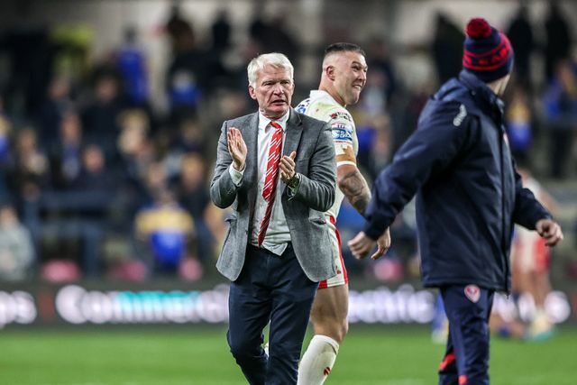Eamonn McManus, chairman and owner of St Helens applauds the fans after the game during the Betfred Super League play-off Eliminator 1 match Leeds Rhinos vs St Helens at Headingley Stadium, Leeds, United Kingdom, 27th September 2025

(Photo by Alfie Cosgrove/News Images)