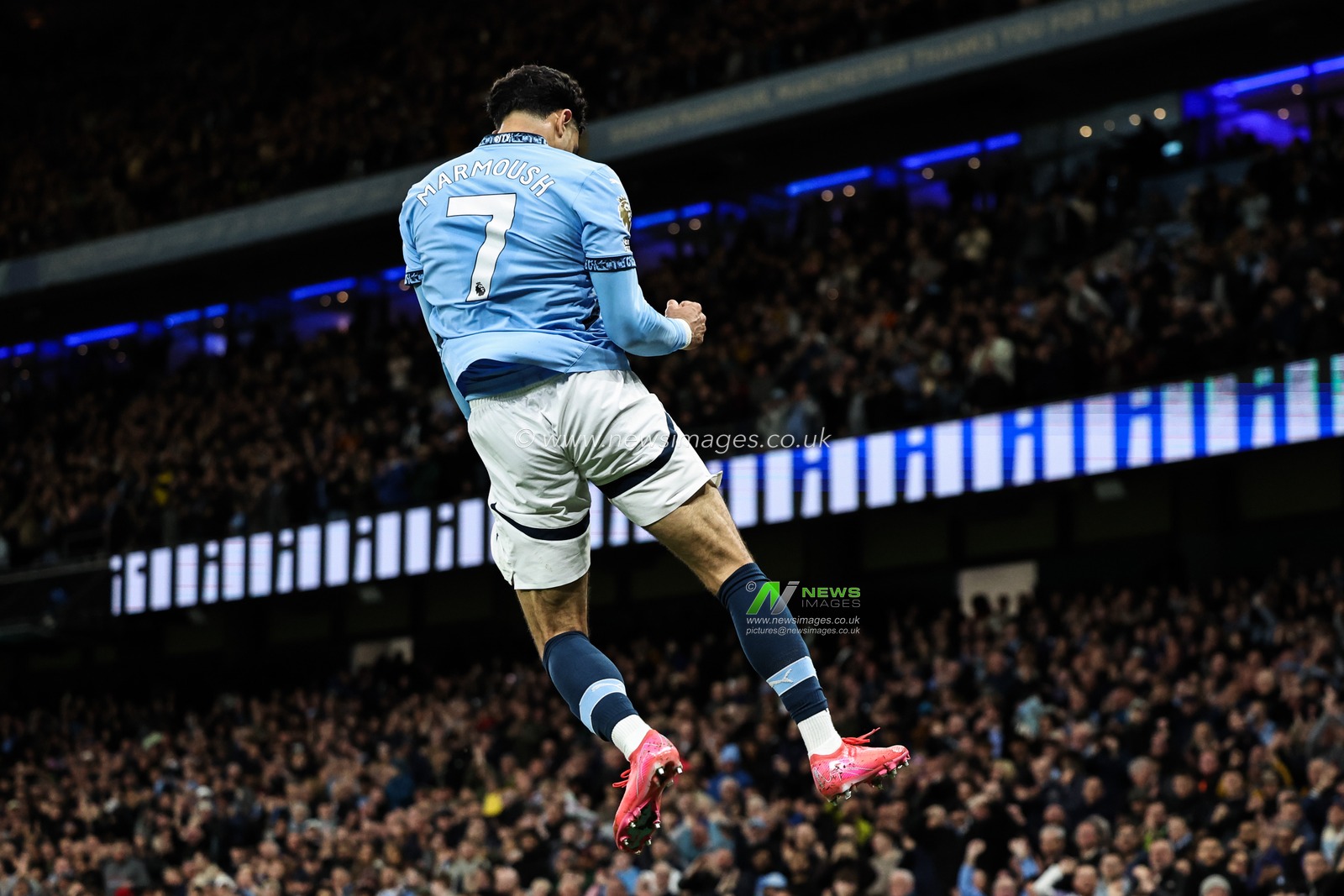 Omar Marmoush of Manchester City celebrates his goal to make it 2-0 during the Premier League match Manchester City vs Leicester City at Etihad Stadium, Manchester, United Kingdom, 2nd April 2025

(Photo by Mark Cosgrove/News Images)