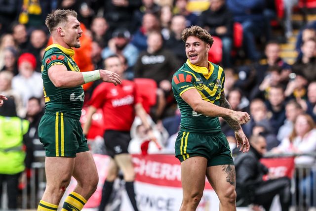Reece Walsh of Australia celebrates his try during the The Ashes Series 2025 England vs Australia at Wembley Stadium, London, United Kingdom, 25th October 2025

(Photo by Alfie Cosgrove/News Images)