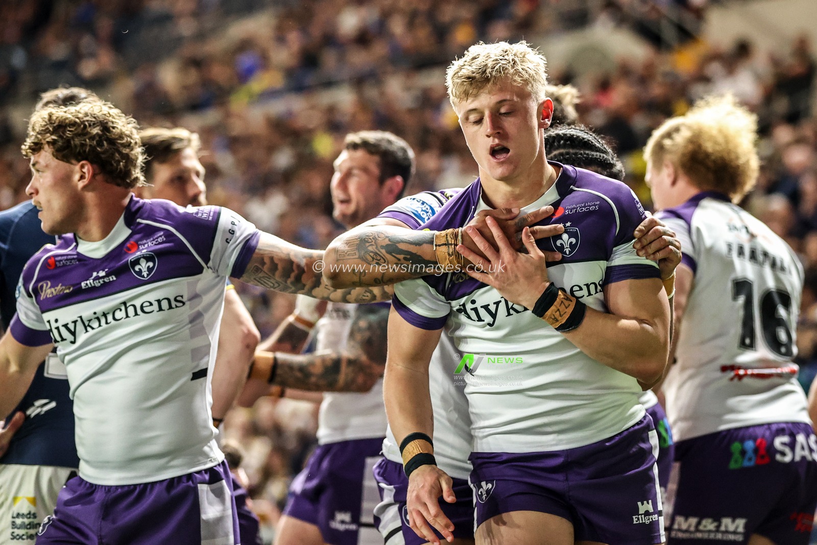 Jayden Myers of Wakefield Trinity celebrates his try during the Betfred Super League round 10 match Leeds Rhinos vs Wakefield Trinity at AMT Headingley Stadium, Leeds, United Kingdom on 01 May 2026

(Photo by Alfie Cosgrove/News Images)