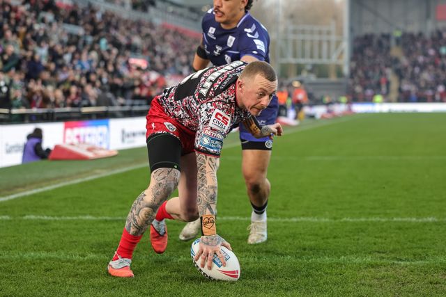 Josh Charnley of Leigh Leopards goes over for a try during the Betfred Super League round 6 match Leigh Leopards vs Toulouse at Leigh Sports Village, Leigh, United Kingdom on 28 March 2026

(Photo by Mark Cosgrove/News Images)
