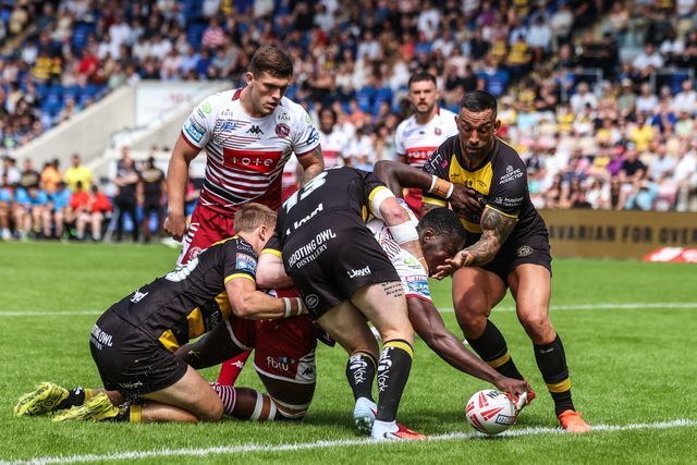 Sam Eseh of Wigan Warriors goes over for a try during the Betfred Super League round 15 match York Knights vs Wigan Warriors at LNER Community Stadium, York, United Kingdom on 20 June 2026

(Photo by Alfie Cosgrove/News Images)