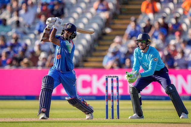 Washington Sundar of India hits a six and celebrates a half century  during the 1st Metro Bank ODI match England vs India at Edgbaston, Birmingham, United Kingdom on 14 July 2026

(Photo by Maynard Manyowa/News Images)