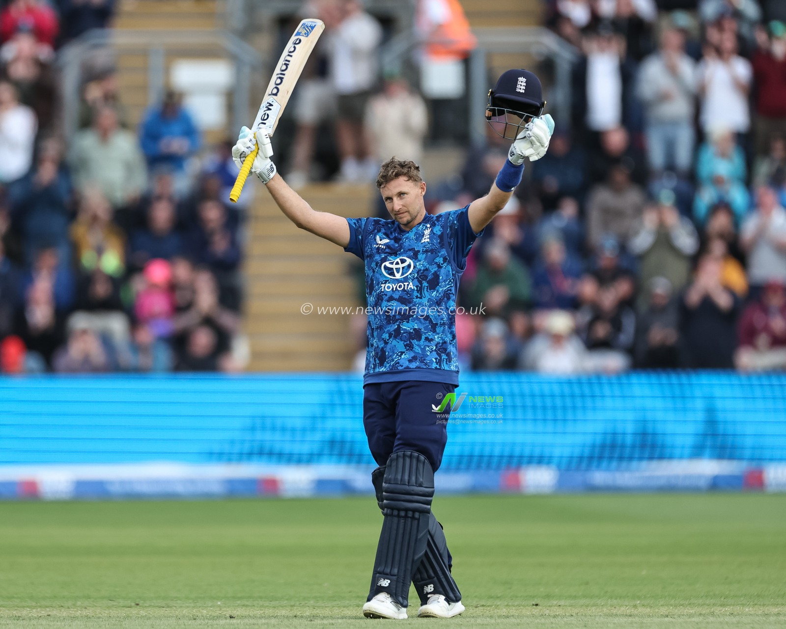 Joe Root of England celebrates a century (100 runs)during the 2nd Metro Bank ODI England v West Indies at Sophia Gardens Cricket Ground, Cardiff, United Kingdom, 1st June 2025

(Photo by Mark Cosgrove/News Images)