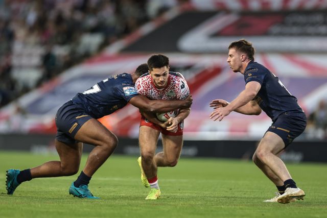 Ben Mcnamara of Leigh Leopards Leon Ruan of Salford during the Betfred Super League Round 23 match Leigh Leopards vs Salford Red Devils at Leigh Sports Village, Leigh, United Kingdom, 22nd August 2025

(Photo by Mark Cosgrove/News Images)