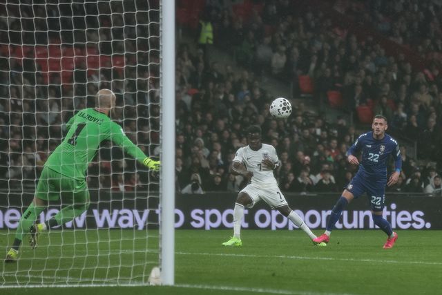 Bukayo Saka of England scores to make it 1-0 during the FIFA World Cup Qualifiers round 9 match England vs Serbia at Wembley Stadium, London, United Kingdom, 13th November 2025

(Photo by Alfie Cosgrove/News Images)

*** GER AUT SUI OUT ***