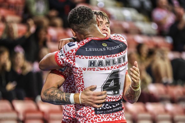Keanan Brand of Leigh Leopards celebrates his try during the Betfred Super League round 25 match Leigh Leopards vs Castleford Tigers at Leigh Sports Village, Leigh, United Kingdom, 28th August 2025

(Photo by Alfie Cosgrove/News Images)