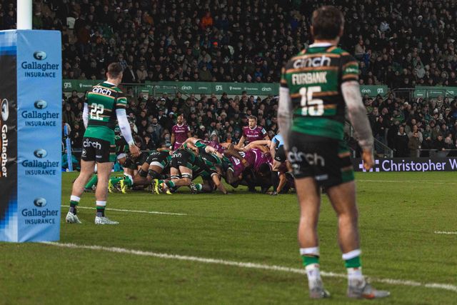 Northampton win a scrum under their posts during the Gallagher Premiership match Northampton Saints vs Sale Sharks at Cinch Stadium at Franklin's Gardens, Northampton, United Kingdom, 20th December 2025

(Photo by Craig Evans/News Images)

*** GER AUT SUI OUT ***