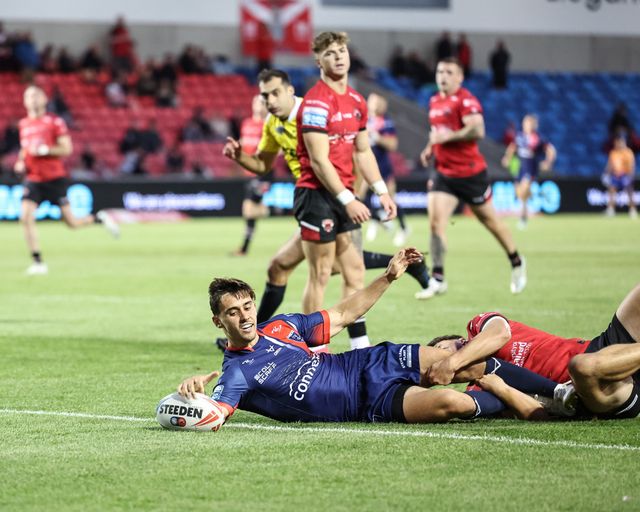 Arthur Mourgue of Hull KR goes over for a try during the Betfred Super League Round 20 Salford Red Devils vs Hull KR at Salford Community Stadium, Eccles, United Kingdom, 31st July 2025

(Photo by Mark Cosgrove/News Images)