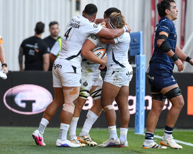 Guy Pepper of Bath Rugby celebrates with team mates after scoring his try during the Gallagher Premiership match Bristol Bears vs Bath at Ashton Gate, Bristol, United Kingdom on 29 May 2026

(Photo by Alex Williamson/News Images)