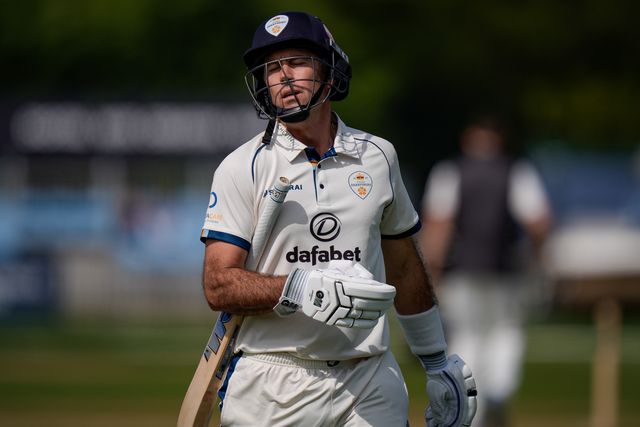 Dejected Wayne Madsen walks off after being caught by Ed Middleton off the bowling of Will Williams during the County Championship Division Two Derbyshire v Gloucestershire at The Central Co-Op County Ground, Derby, United Kingdom on 26 April 2026

(Photo by Maynard Manyowa/News Images)