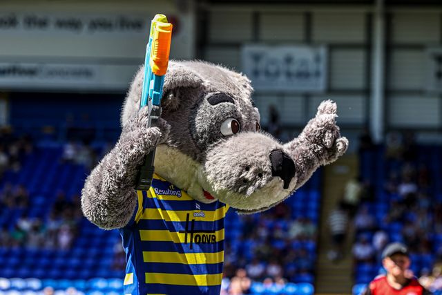 Warrington mascot Wolfie with a water gun during the Betfred Super League round 12 match Warrington Wolves vs Bradford Bulls at The Halliwell Jones Stadium, Warrington, United Kingdom on 24 May 2026

(Photo by Alfie Cosgrove/News Images)