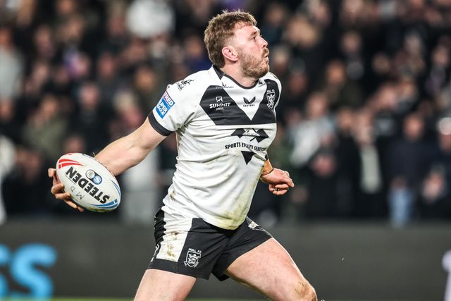 Joe Batchelor of Hull FC celebrates his try during the Betfred Super League round 1 match Hull FC vs Bradford Bulls at MKM Stadium, Hull, United Kingdom on 14 February 2026

(Photo by Alfie Cosgrove/News Images)