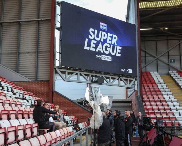 Betfred Super League Sky Sports logo on the large LCD as Sky’s rugby league team do a live broadcast screen during the Betfred Super League Round 26 match Leigh Leopards vs St Helens at Leigh Sports Village, Leigh, United Kingdom, 12th September 2025

(Photo by Mark Cosgrove/News Images)