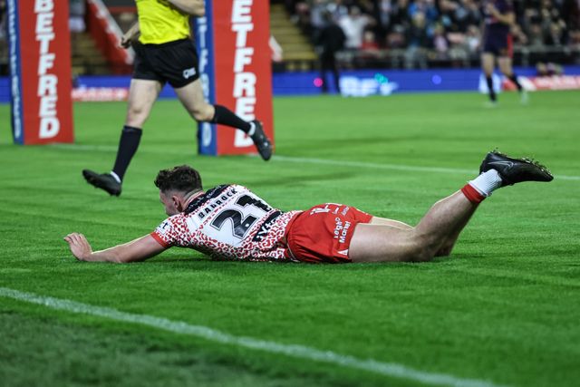 Andrew Badrock of Leigh Leopards goes over for a try during the Betfred Super League Round 26 match Leigh Leopards vs St Helens at Leigh Sports Village, Leigh, United Kingdom, 12th September 2025

(Photo by Mark Cosgrove/News Images)