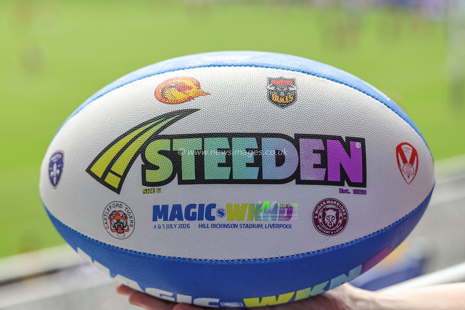 Magic Weekend Steeden match ball misprint with Leeds Rhinos logo missing during the Betfred Super League Magic Weekend match Leeds Rhinos vs Bradford Bulls at Hill Dickinson Stadium, Liverpool, United Kingdom on 05 July 2026

(Photo by Mark Cosgrove/News Images)