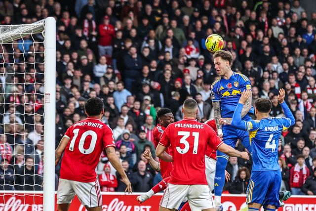 Joe Rodon of Leeds United heads on goal from a corner during the Premier League match Nottingham Forest vs Leeds United at City Ground, Nottingham, United Kingdom, 9th November 2025

(Photo by Alfie Cosgrove/News Images)

*** GER AUT SUI OUT ***