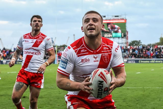 Mikey Lewis of Hull KR celebrates his try making it 6-0 during the Betfred Super League Semi Final 2 match Hull KR vs St Helens at Sewell Group Craven Park, Kingston upon Hull, United Kingdom, 3rd October 2025

(Photo by Alfie Cosgrove/News Images)