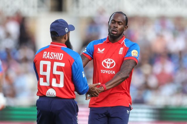 Jofra Archer of England celebrates the wicket of  Vaibhav Sooryavanshi of India during the Third Vitality T20 International match England vs India at Trent Bridge, Nottingham, United Kingdom on 07 July 2026

(Photo by Mark Cosgrove/News Images)