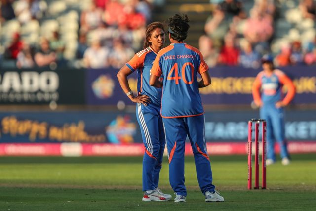 Harmanpreet Kaur of India speaks to Sree Charani of India during the 5th Vitality IT20 England Women vs India Women at Edgbaston, Birmingham, United Kingdom, 12th July 2025

(Photo by Izzy Poles/News Images)