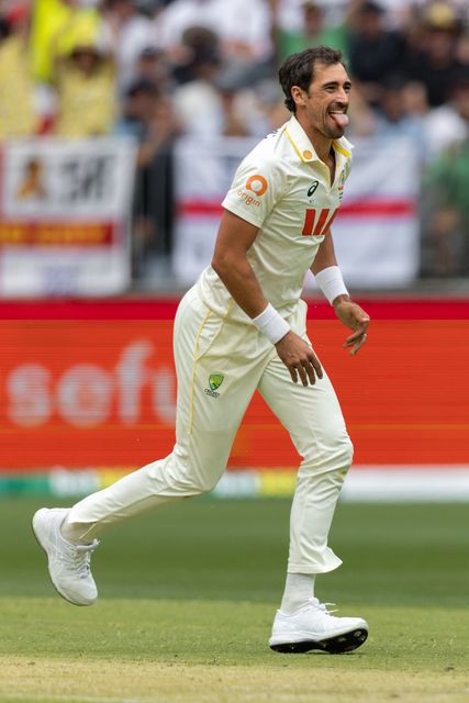 Mitch Starc of Australia celebrates after taking a wicket during the NRMA Insurance Ashes First Test Day 2 Australia vs England at Optus Stadium, Perth, Australia, 22nd November 2025

(Photo by Santanu Banik/News Images)

*** GER AUT SUI OUT ***