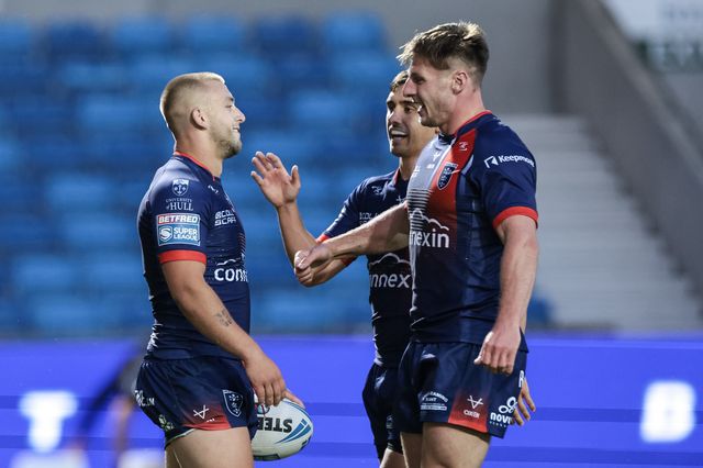 Mikey Lewis of Hull KR celebrates his try during the Betfred Super League Round 20 Salford Red Devils vs Hull KR at Salford Community Stadium, Eccles, United Kingdom, 31st July 2025

(Photo by Mark Cosgrove/News Images)