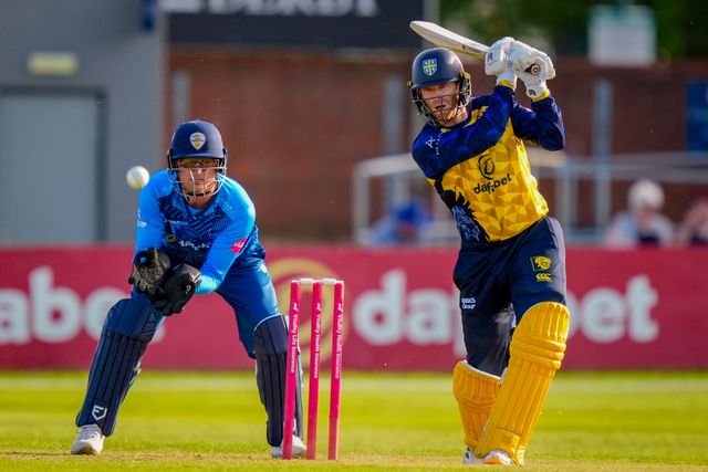 Graham Clark of Durham drives the ball during the Vitality Blast T20 match between Derbyshire Falcons and Durham Cricket at The Central Co-Op County Ground, Derby, United Kingdom on 22 May 2026

(Photo by Maynard Manyowa/News Images)