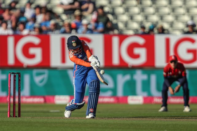 Harleen Deol of India plays a shot during the 5th Vitality IT20 England Women vs India Women at Edgbaston, Birmingham, United Kingdom, 12th July 2025

(Photo by Izzy Poles/News Images)