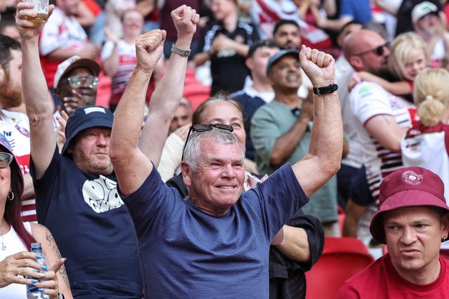 Wigan fans celebrate the try of Jack Farrimond of Wigan Warriors during the Betfred Challenge Cup Final match Wigan Warriors vs Hull KR at Wembley Stadium, London, United Kingdom on 30 May 2026

(Photo by Mark Cosgrove/News Images)