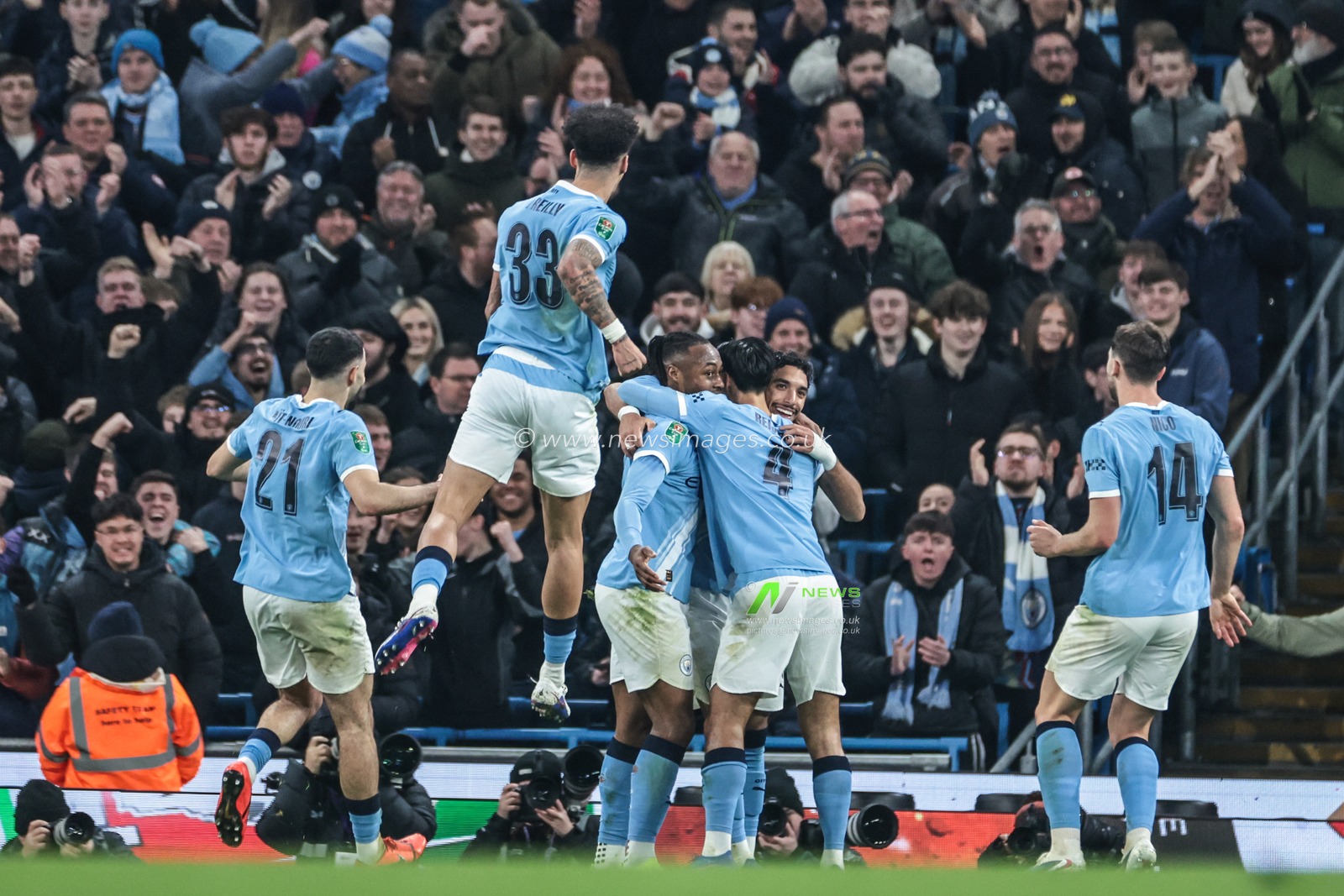 Omar Marmoush of Manchester City celebrates his goal to make it 2-0 during the Carabao Cup Semi-Final second leg match Manchester City vs Newcastle United at Etihad Stadium, Manchester, United Kingdom, 4th February 2026

(Photo by Mark Cosgrove/News Images)