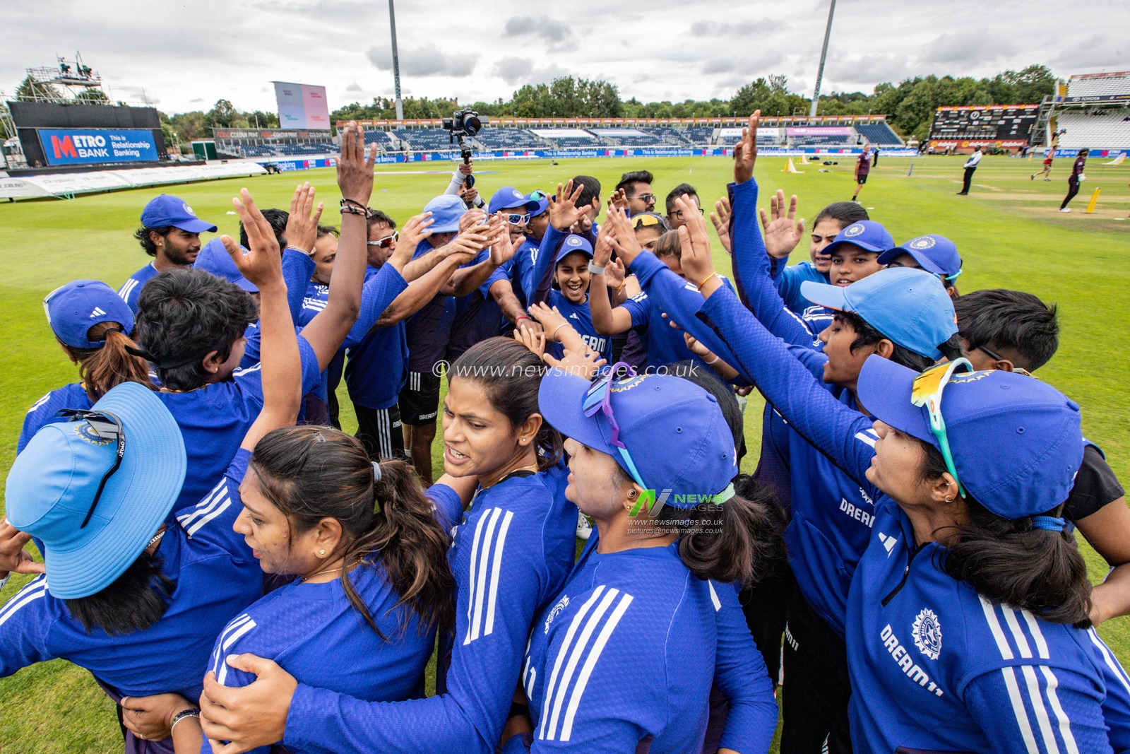 India have a team huddle before the game during the 3rd Metro Bank One Day International England Women vs India Women at Banks Homes Riverside Stadium, Chester-le-street, United Kingdom, 22nd July 2025

(Photo by Alfie Cosgrove/News Images)