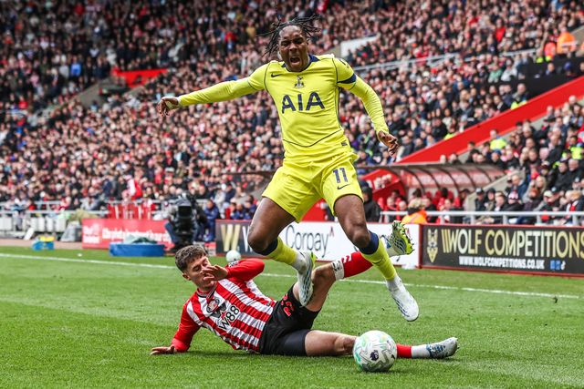 Mathys Tel of Tottenham Hotspur is fouled by Trai Hume of Sunderland during the Premier League match Sunderland vs Tottenham Hotspur at Stadium Of Light, Sunderland, United Kingdom on 12 April 2026

(Photo by Alfie Cosgrove/News Images)