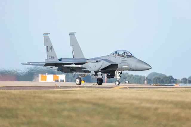 A USAF F15 assigned to the 48th Fighter Wing conducts a combat readiness exercise at RAF Lakenheath, Lakenheath, United Kingdom, 28th August 2025

(Photo by Seth Rose/News Images)