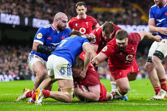 Rhys Carre of Wales sores his teams first try during the Guinness Six Nations match Wales vs France at Principality Stadium, Cardiff, United Kingdom, 15th February 2026

(Photo by Andrew Lewis/News Images)