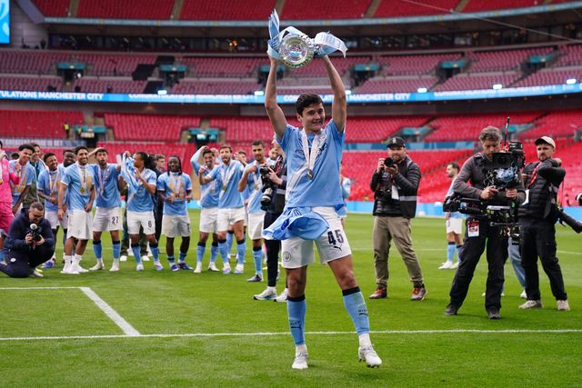 Abdukodir Khusanov of Manchester City celebrates with the fa cup trophy during the Emirates FA Cup Final match Chelsea vs Manchester City at Wembley Stadium, London, United Kingdom on 16 May 2026

(Photo by Harvey Murphy/News Images)