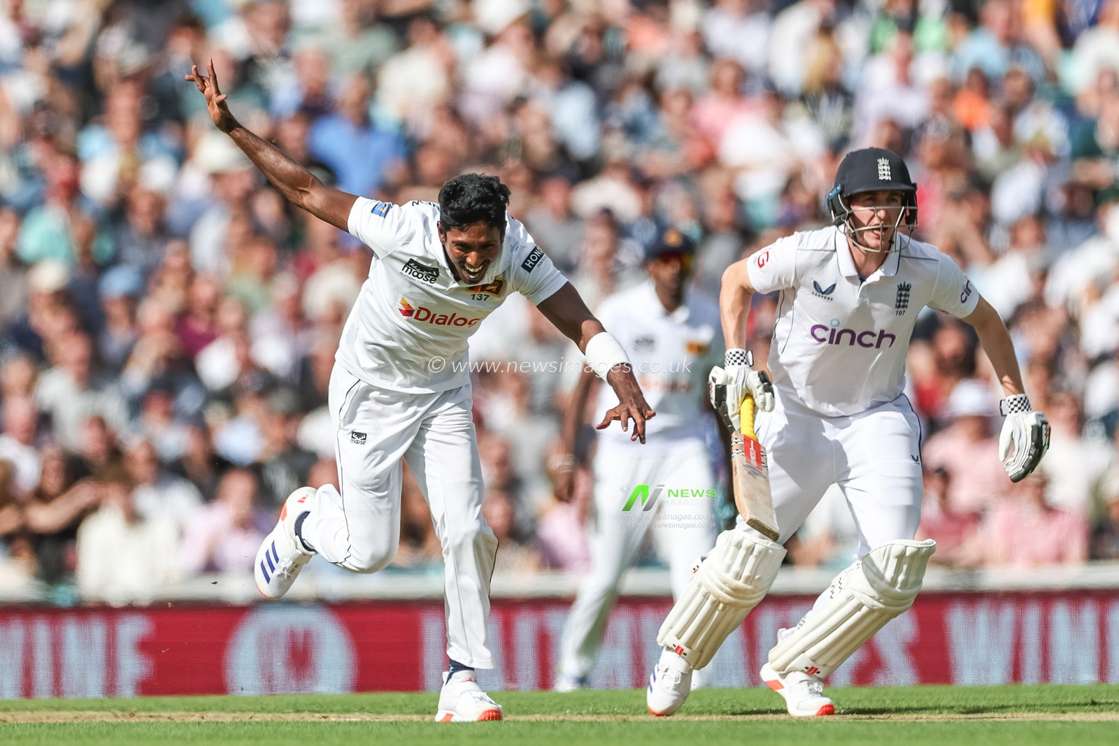 Vishwa Fernando of Sri Lanka celebrates bowing Joe Root of England out by LBW during the 3rd Rothesay Test Match Day Three England v Sri Lanka at The Kia Oval, London, United Kingdom, 8th September 2024

(Photo by Mark Cosgrove/News Images)