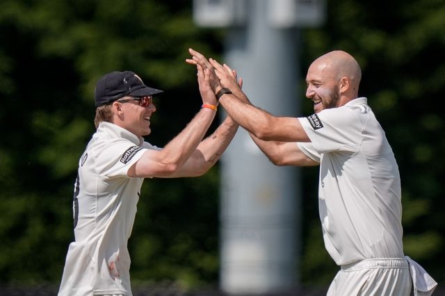 Gabe Bell of Gloucestershire celebrates his wicket of Ben Aitchison of Derbyshire with his team mates during the county Championship Division Two day 4 Derbyshire vs Gloucestershire at The Central Co-Op County Ground, Derby, United Kingdom on 27 April 2026

(Photo by Maynard Manyowa/News Images)