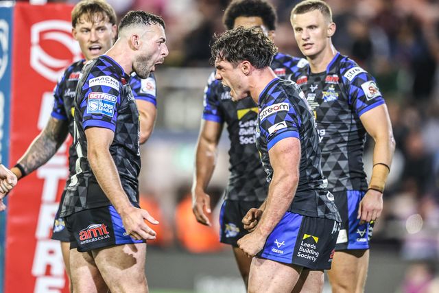 Brodie Croft of Leeds Rhinos celebrates as he goes over for a try in the final minutes of the game during the Betfred Super League round 21 match Leigh Leopards vs Leeds Rhinos at Leigh Sports Village, Leigh, United Kingdom, 7th August 2025

(Photo by Alfie Cosgrove/News Images)