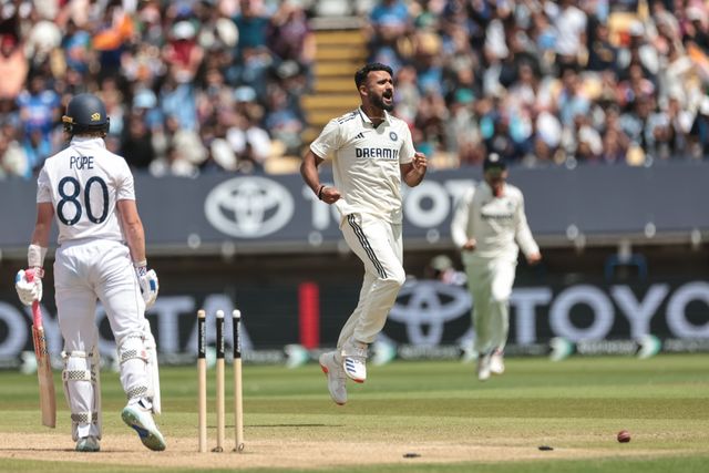 Akash Deep of India celebrates the wicket of Ollie Pope of England during the 2nd Rothesay Test Match day 5 England v India at Edgbaston, Birmingham, United Kingdom, 6th July 2025

(Photo by Mark Cosgrove/News Images)