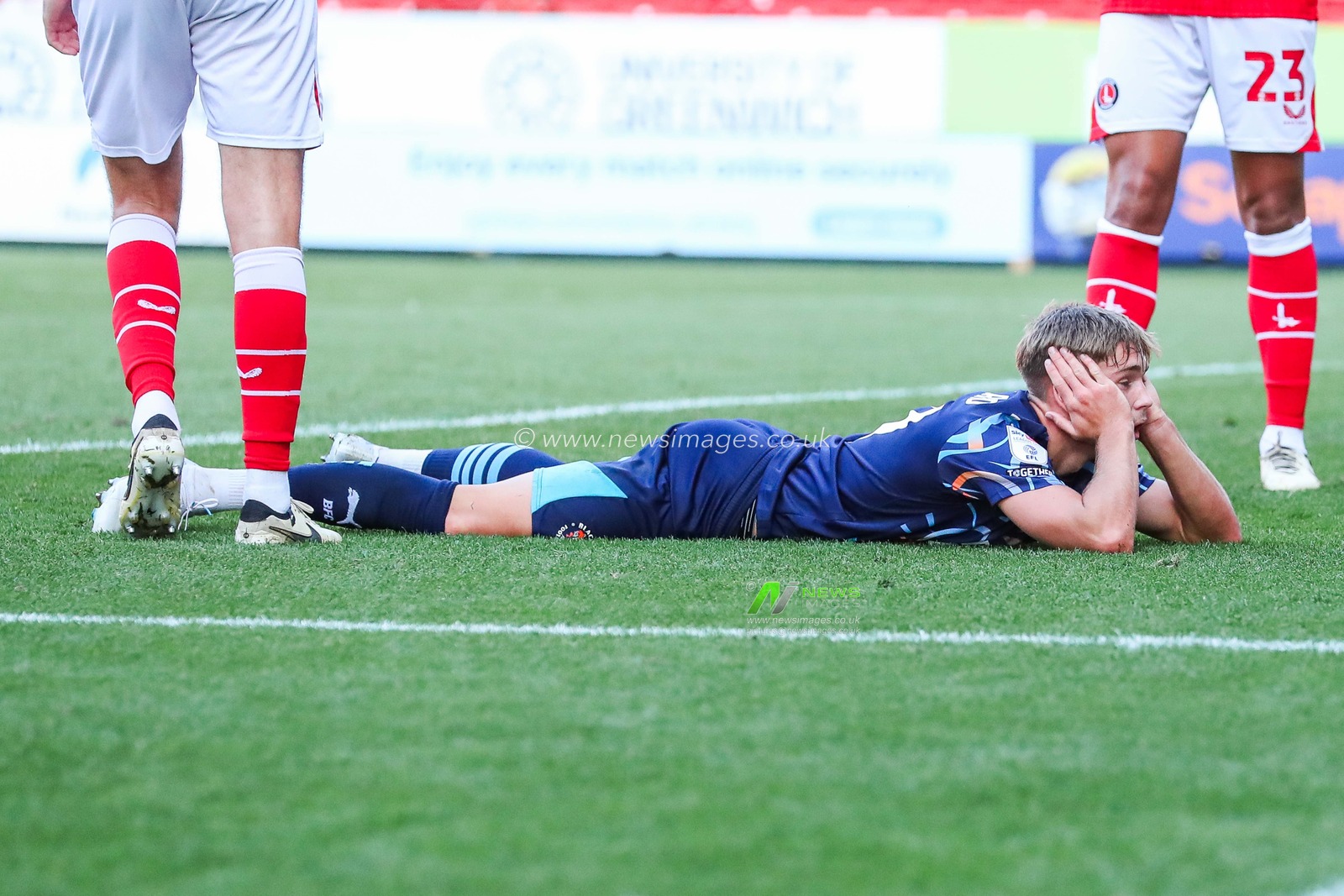 Dom Ballard of Blackpool reacts after a missed chance during the Sky Bet League 1 match Charlton Athletic vs Blackpool at The Valley, London, United Kingdom, 21st September 2024

(Photo by Izzy Poles/News Images)