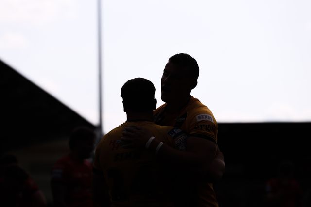 Josh Simm of Castleford Tigers celebrates his try during the Betfred Super League Round 18 match Salford Red Devils vs Castleford Tigers at Salford Community Stadium, Eccles, United Kingdom, 13th July 2025

(Photo by Alfie Cosgrove/News Images)
