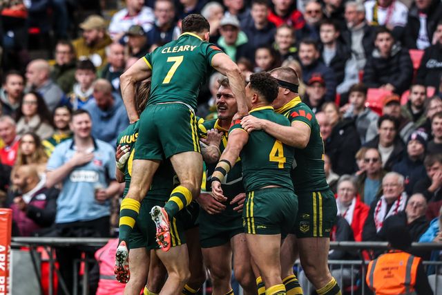 Angus Crichton of Australia celebrates his try during the The Ashes Series 2025 England vs Australia at Wembley Stadium, London, United Kingdom, 25th October 2025

(Photo by Alfie Cosgrove/News Images)