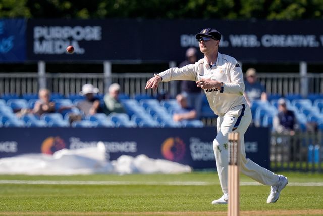 Caleb Jewell throws the ball to the keeper during the County Championship Division Two Derbyshire vs Gloucestershire at The Central Co-Op County Ground, Derby, United Kingdom on 24 April 2026

(Photo by Maynard Manyowa/News Images)