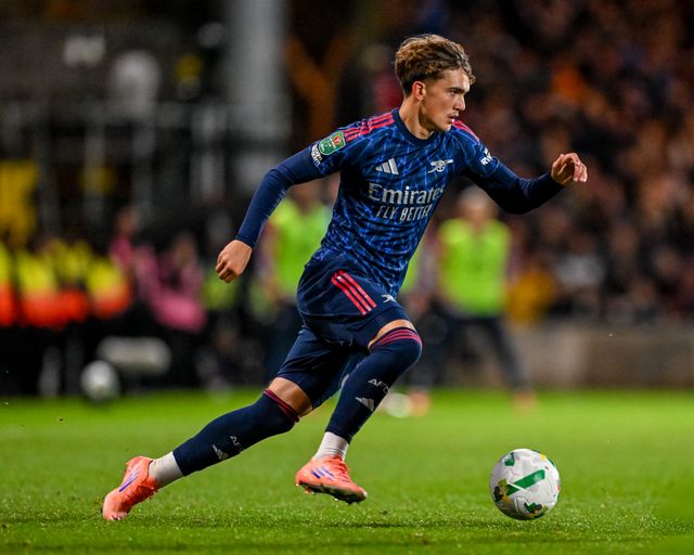 Max Dowman of Arsenal  at speed on the ball during the Carabao Cup Round 3 match Port Vale vs Arsenal at Vale Park, Burslem, United Kingdom, 24th September 2025

(Photo by Adam Gee/News Images)