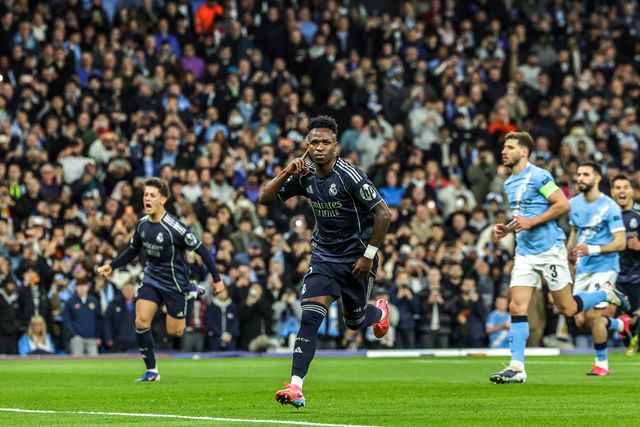 Vinicius Junior of Real Madrid celebrates his goal to make it 0-1 during the UEFA Champions League last 16 second leg match Manchester City vs Real Madrid at The City of Manchester Stadium, Manchester, United Kingdom on 17 March 2026

(Photo by Mark Cosgrove/News Images)