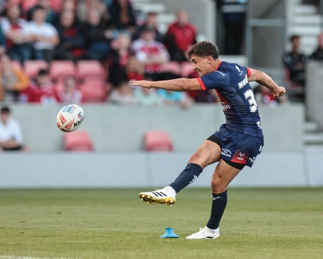 Arthur Mourgue of Hull KR converts for a goal during the Betfred Super League Round 20 Salford Red Devils vs Hull KR at Salford Community Stadium, Eccles, United Kingdom, 31st July 2025

(Photo by Mark Cosgrove/News Images)