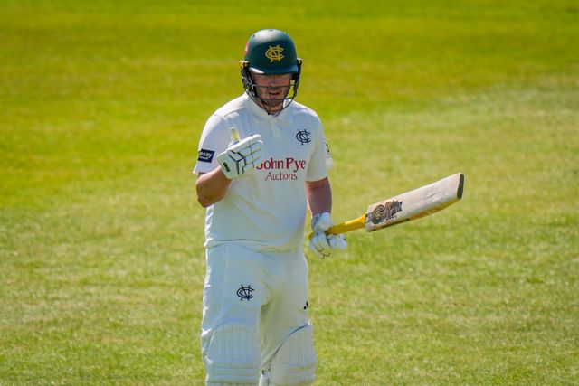 Ben Slater of Nottinghamshire celebrates scoring his 50 and raises his bat to acknowledge the fans and team mates on reaching a half century during Leicestershire County Cricket Club vs Nottinghamshire County Cricket Club in Country Cricket Division One Day 1 at Grace Road, Leicester, United Kingdom on 01 May 2026

(Photo by Maynard Manyowa/News Images)